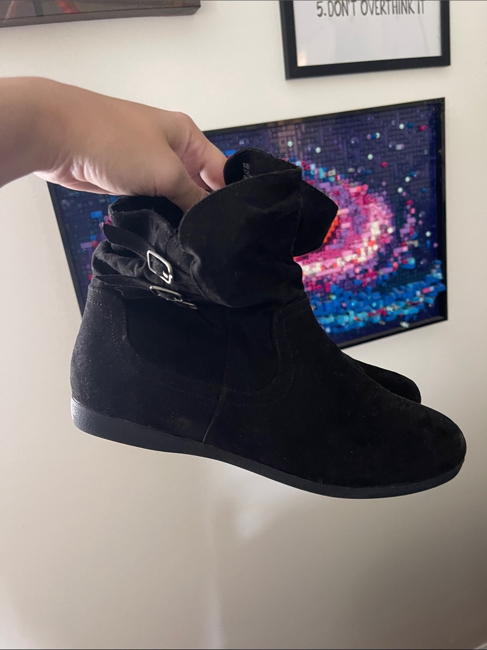 True Craft Black Suede Ankle Booties with Buckle Accent